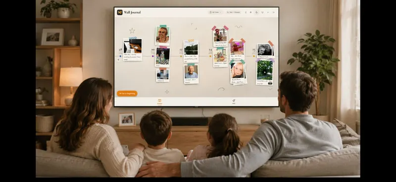 A family Wall Journal shown as a taped-print memory timeline on the living-room screen during movie night