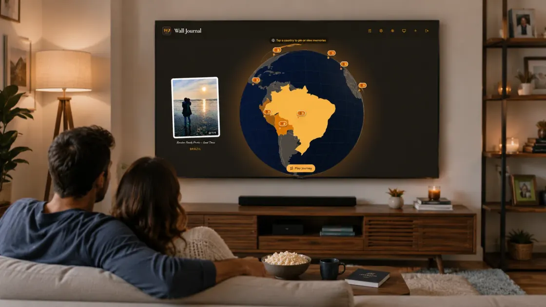The Wall Journal globe view on the big screen, travels traced across a glowing globe
