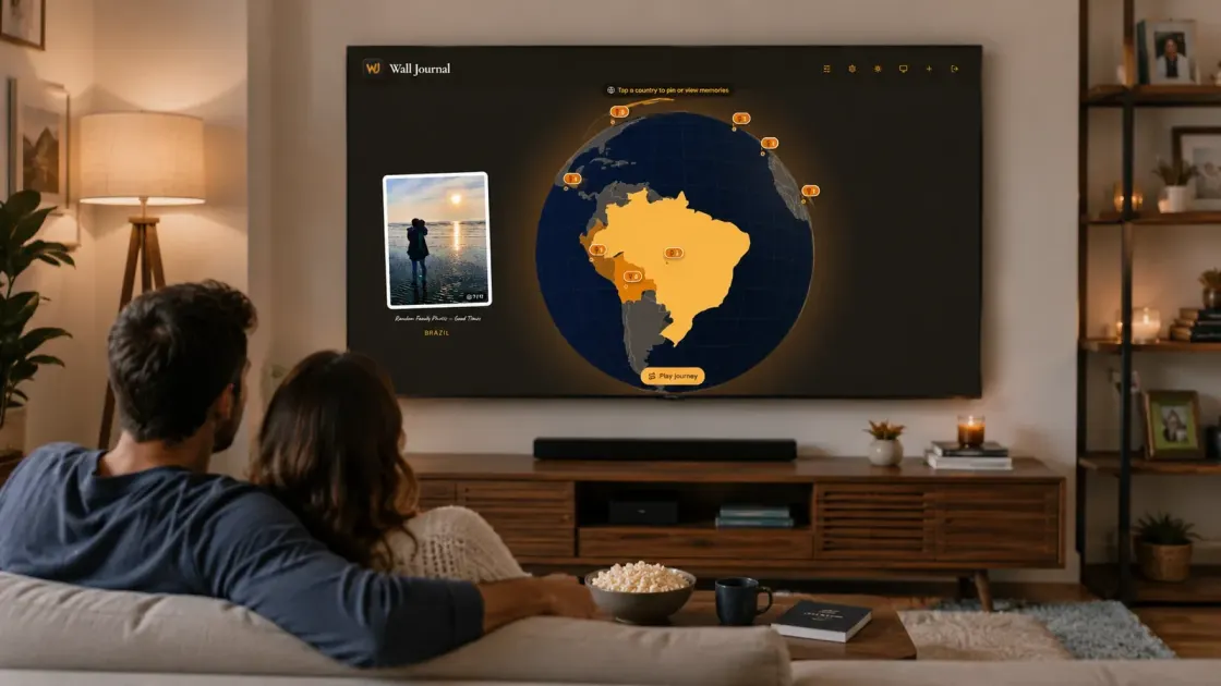 The Wall Journal globe view on the big screen, travels traced across a glowing globe
