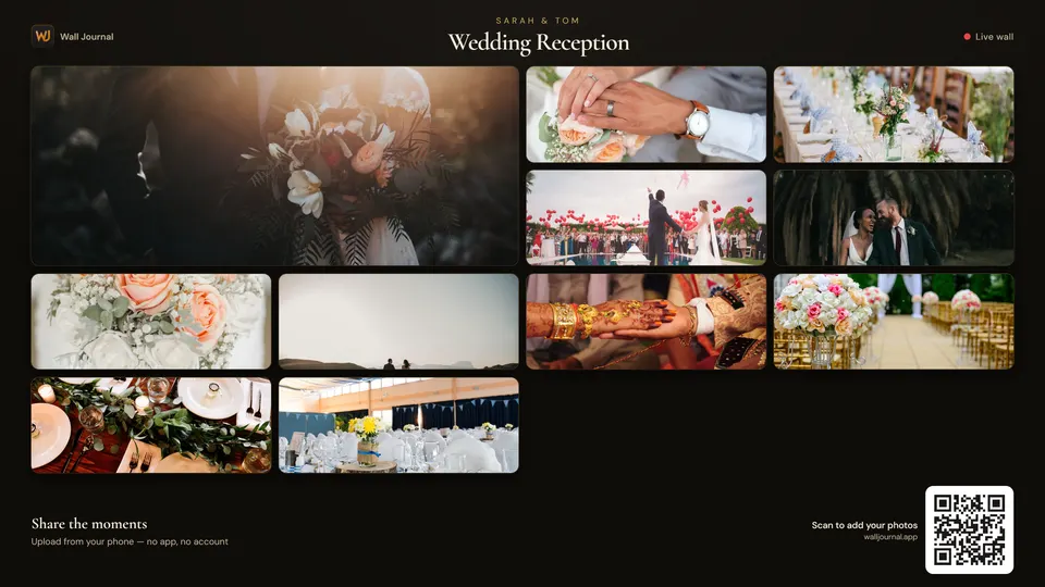 A live Wall Journal photo wall on the big screen at a wedding reception, with a scan-to-upload QR